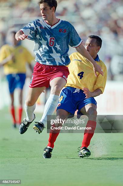 American soccer player John Harkes playing for the USA against Columbia in a FIFA World Cup Group A match at Stanford Stadium, Stanford, California,...