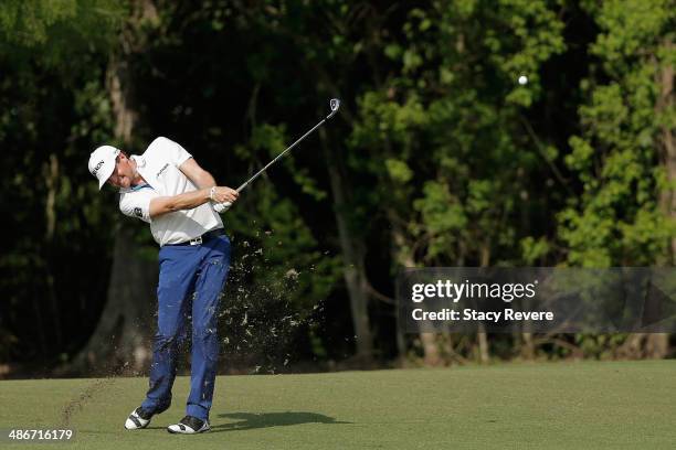 Keegan Bradley takes his shot on the 16th during Round Two of the Zurich Classic of New Orleans at TPC Louisiana on April 25, 2014 in Avondale,...