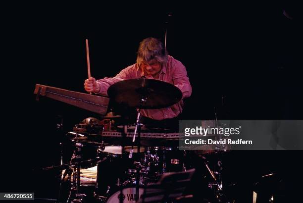 Jazz drummer Tony Oxley on stage, circa 1990.