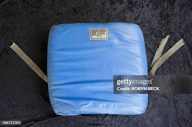 Blue kicking sheild, personally owned and used by martial arts legend Bruce Lee, is seen on display in Los Angeles, California, April 25, 2014. A...