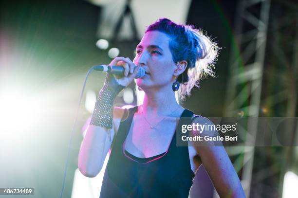 Emily Kokal of Warpaint performs on stage during Coachella Music Festival on April 12, 2014 in Coachella, United States.