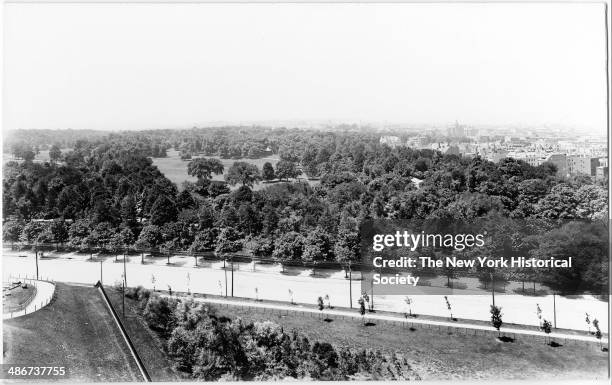 High-angle view of Prospect Park from the Mount Prospect reservoir, looking southwest over Flatbush Avenue, Brooklyn, New York, New York, 1895.