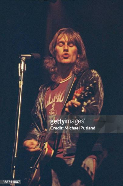 English rock guitarist Alvin Lee performing with blues-rock band Ten Years After in London, 1974.