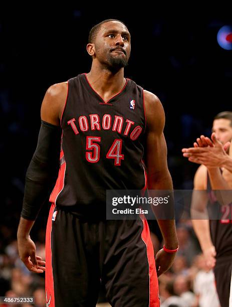 Patrick Patterson of the Toronto Raptors reacts after missing a free thrwo in the final minutes of the game against the Brooklyn Nets in Game Three...