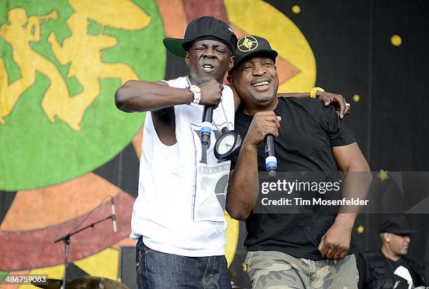 Chuck D and Flavor Flav of Public Enemy perform during the 2014 New Orleans Jazz & Heritage Festival at Fair Grounds Race Course on April 25, 2014 in...