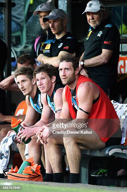 Jay Schulz of the Power looks on as he is substituted off with the red vest during the round 23 AFL match between the Port Adelaide Power and the...