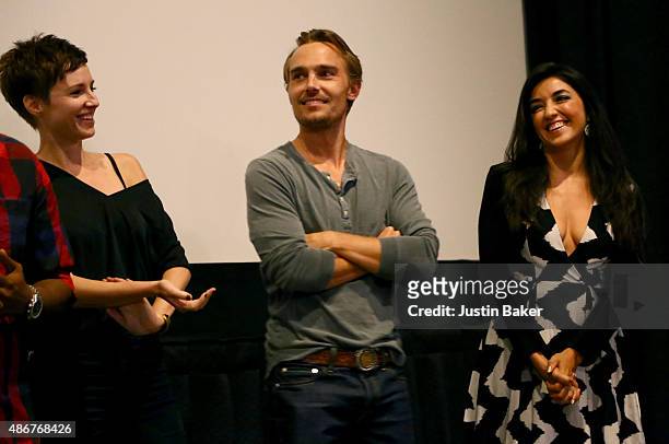 Actors Emma Fitzpatrick, Joey Kern, and Yvette Yates attend the theatrical opening of Scream Factory's "Bloodsucking Bastards" at Laemmle NoHo 7 on...