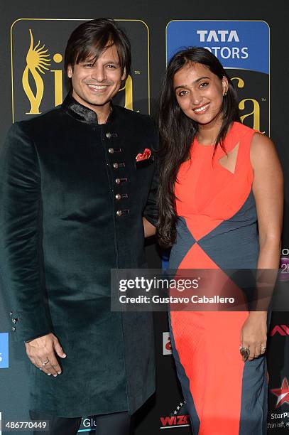 Vivek Oberoi and Priyanka Alva Oberoi arrive to the IIFA Magic of the Movies at MIDFLORIDA Credit Union Amphitheatre on April 25, 2014 in Tampa,...