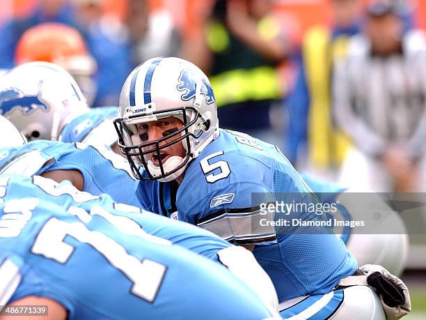 Quarterback Jeff Garcia of the Detroit Lions yells out signals to the offense during a game against the Cleveland Browns on October 23, 2005 at...