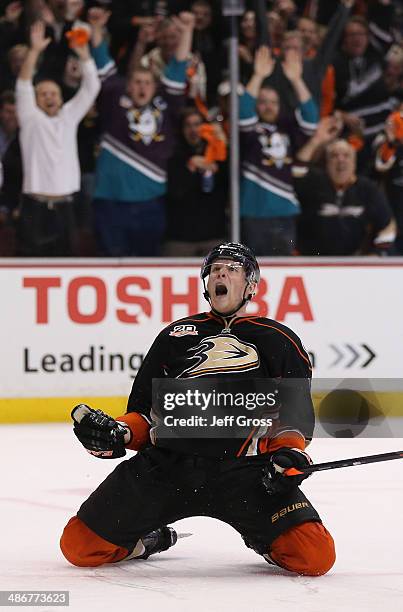 Corey Perry of the Anaheim Ducks celebrates his third period goal against the Dallas Stars in Game Five of the First Round of the 2014 NHL Stanley...