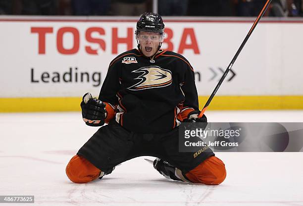 Corey Perry of the Anaheim Ducks celebrates his third period goal against the Dallas Stars in Game Five of the First Round of the 2014 NHL Stanley...