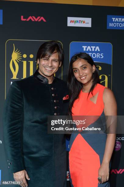 Vivek Oberoi and Priyanka Alva Oberoi arrive to the IIFA Magic of the Movies at MIDFLORIDA Credit Union Amphitheatre on April 25, 2014 in Tampa,...