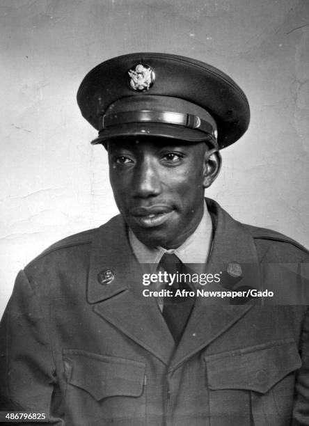 Robert Carter head and shoulders portrait, taken during his service in World War 2 as part of the Tuskegee Airmen, the first squadron of African...