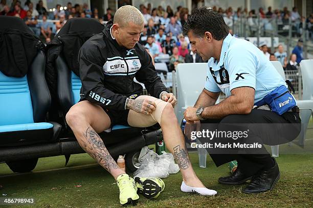 Todd Carney of the Sharks receives treatment on the bench after coming off injured during the round 8 NRL match between the Cronulla-Sutherland...