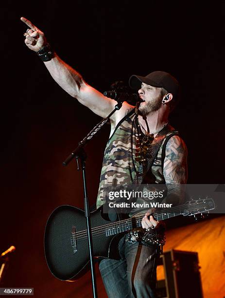 Singer/songwriter Brantley Gilbert performs onstage during day 1 of 2014 Stagecoach: California's Country Music Festival at the Empire Polo Club on...