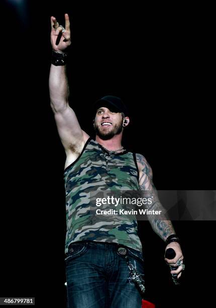 Singer/songwriter Brantley Gilbert performs onstage during day 1 of 2014 Stagecoach: California's Country Music Festival at the Empire Polo Club on...