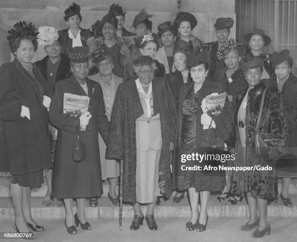 Standing group photo of delegates from North and South Carolina, including civil rights leader Mary McLeod Bethune and Lillie Justice, at a meeting...