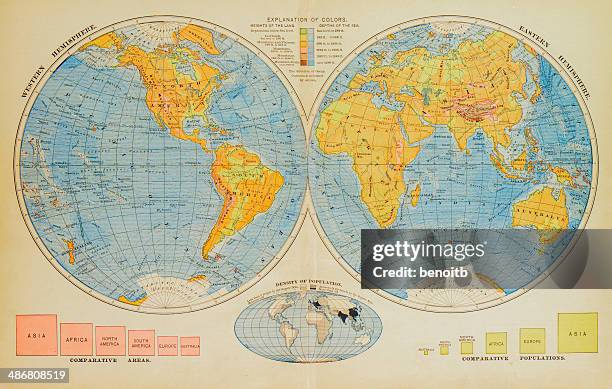 stockillustraties, clipart, cartoons en iconen met 1883 world map - bevolkingsdichtheid