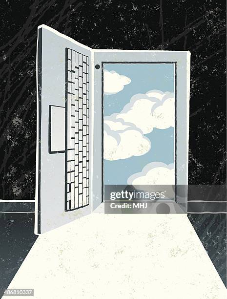 stockillustraties, clipart, cartoons en iconen met laptop computer door with blue sky and cloud - deurkozijn