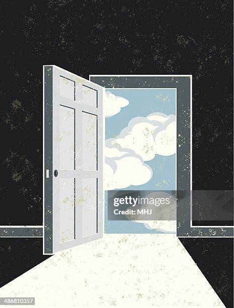 open door, doorway and sky with clouds - door frame stock illustrations