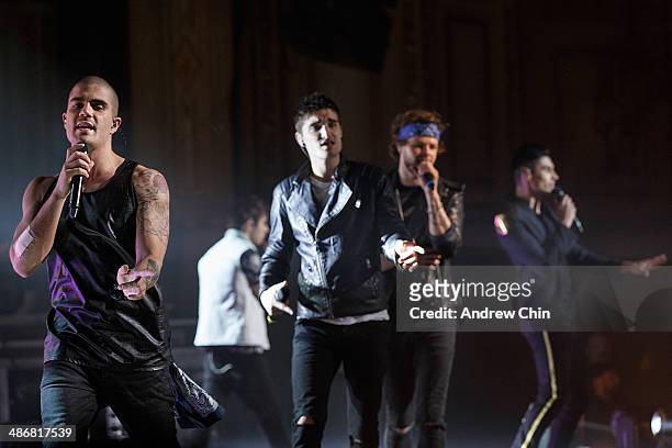 Max George, Nathan Sykes , Tom Parker, Jay McGuiness and Siva Kaneswaran of The Wanted performs at Orpheum Theatre on April 25, 2014 in Vancouver,...