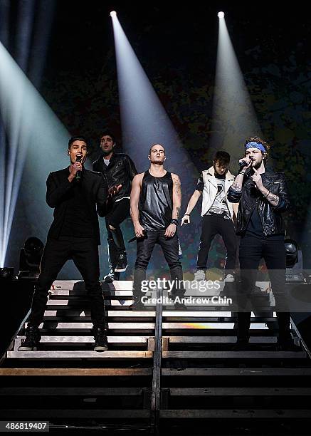 Siva Kaneswaran, Tom Parker, Max George, Nathan Sykes and Jay McGuiness of The Wanted performs at Orpheum Theatre on April 25, 2014 in Vancouver,...