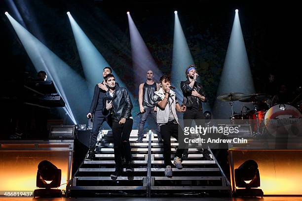 Siva Kaneswaran , Tom Parker, Max George, Nathan Sykes and Jay McGuiness of The Wanted performs at Orpheum Theatre on April 25, 2014 in Vancouver,...