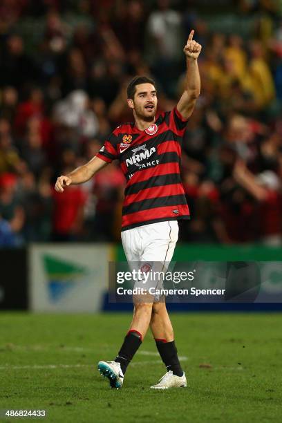 Iacopo La Rocca of the Wanderers celebrates scoring a goal during the A-League Semi Final match between the Western Sydney Wanderers and the Central...