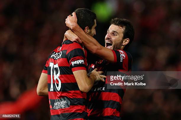 Iacopo La Rocca of the Wanderers celebrates with Labinot Haliti of the Wanderers after scoring a goal during the A-League Semi Final match between...