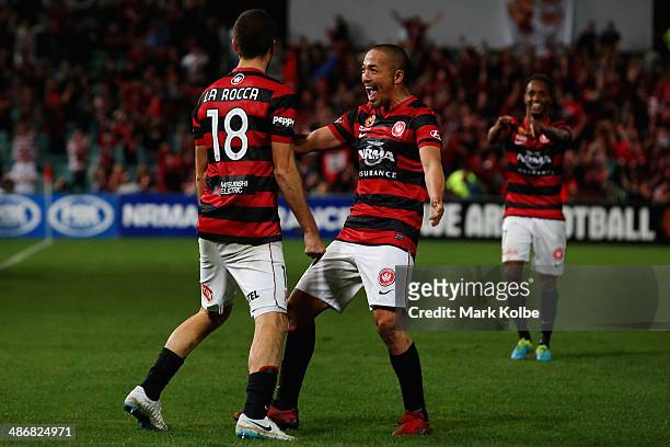 Iacopo La Rocca of the Wanderers celebrates with Shinji Ono of the Wanderers after scoring a goal during the A-League Semi Final match between the...