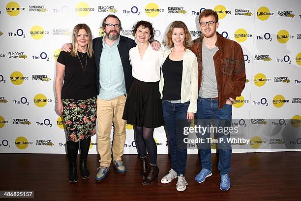 Directors Martin Clark , Cara Connolly pose with the cast from 'Exchange & Mart' as they attend the Shorts Programme photo call during the Sundance...