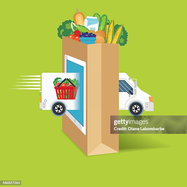 fresh food delivery concept with grocery bag - delivering groceries stock illustrations