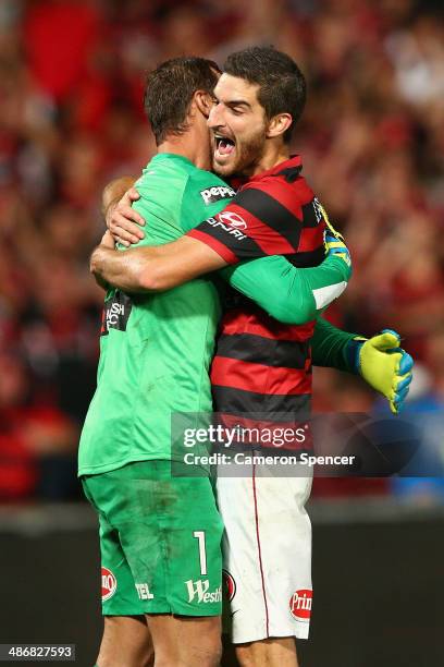 Ante Covic and Iacopo La Rocca of the Wanderers celebrate winning the A-League Semi Final match between the Western Sydney Wanderers and the Central...