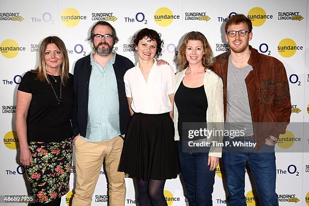 Directors Martin Clark , Cara Connolly pose with the cast from 'Exchange & Mart' as they attend the Shorts Programme photo call during the Sundance...