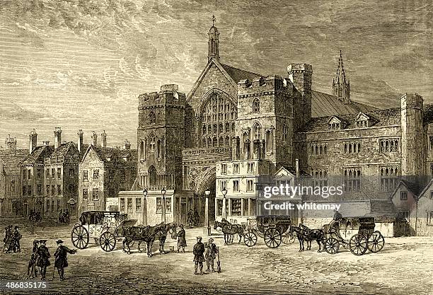 westminster hall from a view by jt smith, 1808 - outside courthouse stock illustrations