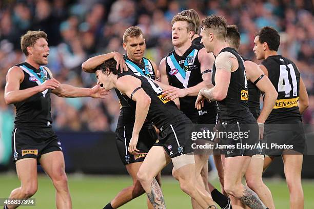 Jasper Pittard of the Power celebrates a goal during the 2015 AFL round 23 match between Port Adelaide Power and the Fremantle Dockers at the...