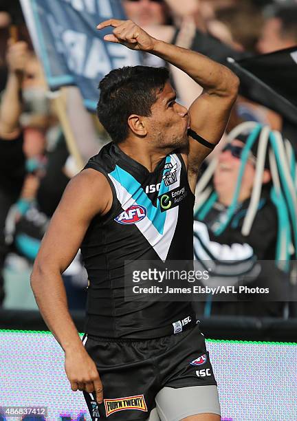 Jake Neade of the Power celebrates a goal during the 2015 AFL round 23 match between Port Adelaide Power and the Fremantle Dockers at the Adelaide...