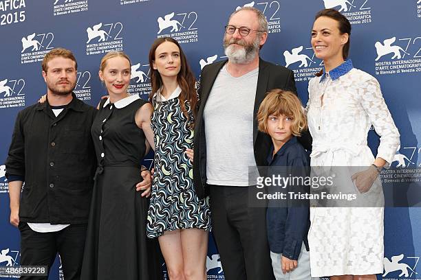 Director Brady Corbet, co-writer Mona Fastvold, actors Stacy Martin, Liam Cunningham, Tom Sweet and Berenice Bejo attend a photocall for 'The...