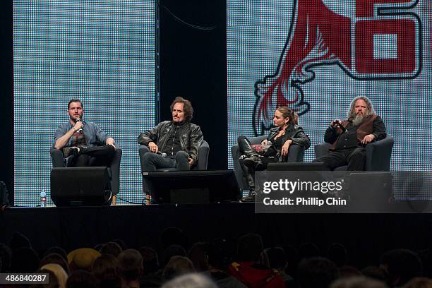 Nerdist moderator Daniel Casey, actor Kim Coates, actress Drea de Matteo and actor Mark Boone Junior participate in "The Sons of Anarchy" discussion...