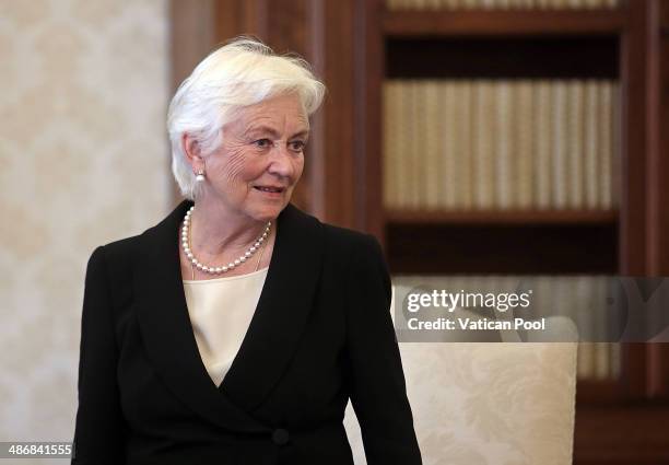 Queen Paola of Belgium attends a meeting with Pope Francis at his private library in the Apostolic Palace on April 26, 2014 in Vatican City, Vatican....