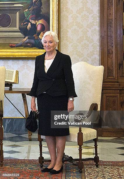 Queen Paola of Belgium attends a meeting with Pope Francis at his private library in the Apostolic Palace on April 26, 2014 in Vatican City, Vatican....