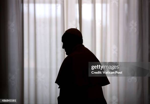 The silhouette of Pope Francis is seen during a meeting with King Albert II and Queen Paola of Belgium at his private library in the Apostolic Palace...