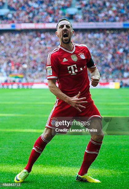 Franck Ribery of Muenchen celebrates a goal during the Bundesliga match between FC Bayern Muenchen and Werder Bremen at Allianz Arena on April 26,...