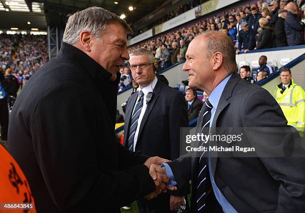 Pepe Mel , manager of West Bromwich Albion shakes hands with Sam Allardyce, manager of West Ham United during the Barclays Premier League match...