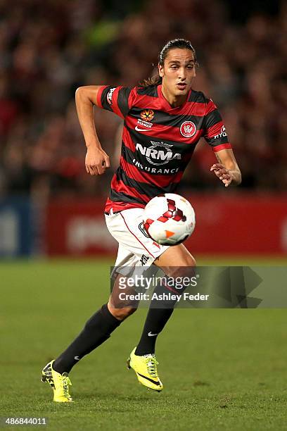 Jerome Polenz of the Wanderers controls the ball during the A-League Semi Final match between the Western Sydney Wanderers and the Central Coast...