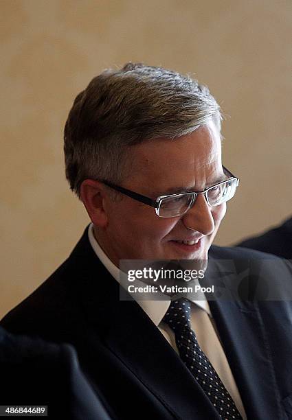 President of Poland Bronislaw Komorowski attends a meeting with Pope Francis at his private library in the Apostolic Palace on April 26, 2014 in...