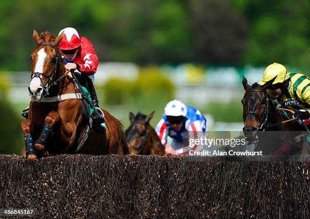 Jamie Moore riding Sire De Grugy clears the last to win The bet365 Celebration Steeple Chase at Sandown racecourse on April 26, 2014 in Esher,...