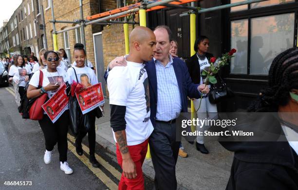 Singer Jade Jones and Simon Hughes MP march through East London with famly and supporters on April 26, 2014 in London, England. They are marching to...