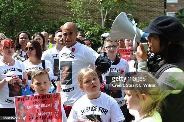 Singer Jade Jones, his family and supporters prepare to march through East London with on April 26, 2014 in London, England. They are marching to...
