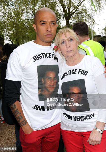 Singer Jade Jones and his mother Rita Kennedy-Jones prepare to march through East London with famly and supporters on April 26, 2014 in London,...